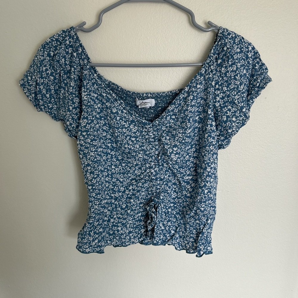 Japna Teal Floral Ruched Blouse